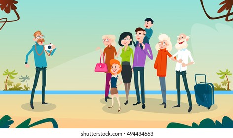 Big Family Kids Parents Grandparents Take Photo On Seaside Vacation Summer Holiday Flat Vector Illustration