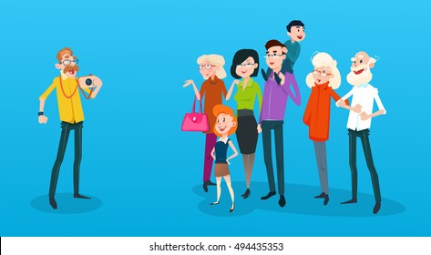 Big Family Kids Parents Grandparents Take Photo Flat Vector Illustration