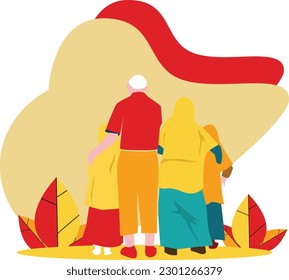 Big family looking back, grandpa and grandma embracing their grandson in vector illustration with pop art style
