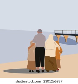 Big family looking back, grandpa and grandma embracing their grandson in vector illustration