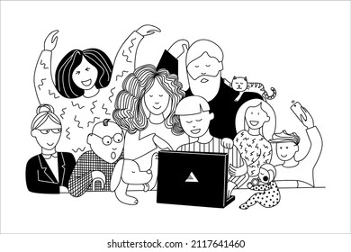 Big Family Is Looking At Computer. Happy Generation Time  Together At Home. Grandma, Grandpa, Mom, Dad, Children, Baby And Pets Meeting. Sketch Vector Illustration.