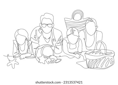 Big family lying on beach sand at sea resort