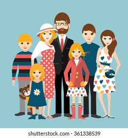 Big family with many children. Man and woman in love, relationship. Flat vector.