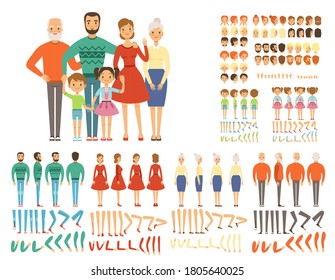 Big family. Mascot creation set characters father mother grandparents daughter son body parts and poses for 2d animation. Vector family