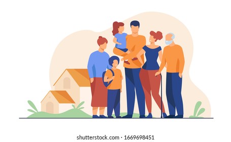 Big family meeting. Couple with senior parents and two kids standing together at suburban house. Vector illustration for love, togetherness, lifestyle concept