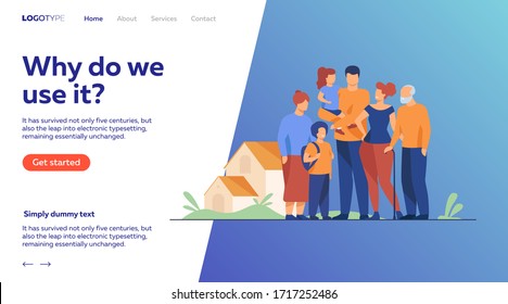 Big family meeting. Couple with senior parents and two kids standing together at suburban house. Vector illustration for love, togetherness, lifestyle concept