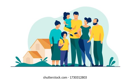 Big family meeting. Couple with senior parents and two kids standing together at suburban house. Vector illustration for love, togetherness, lifestyle concept