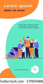 Big family meeting. Couple with senior parents and two kids standing together at suburban house. Vector illustration for love, togetherness, lifestyle concept