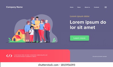Big family meeting. Couple with senior parents and two kids standing together at suburban house. Vector illustration for love, togetherness, lifestyle concept
