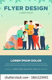 Big family meeting. Couple with senior parents and two kids standing together at suburban house. Vector illustration for love, togetherness, lifestyle concept