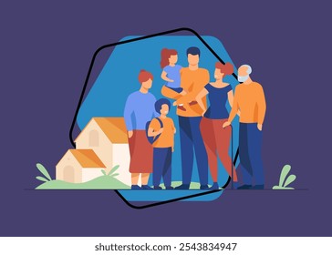 Big family meeting. Couple with senior parents and two kids standing together at suburban house. Vector illustration for love, togetherness, lifestyle concept