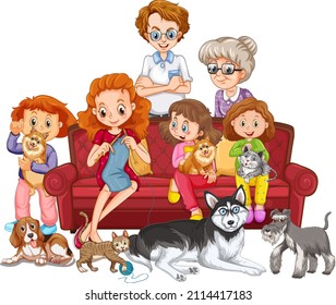 Big family members with many dogs illustration