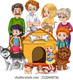 Big family members with many dogs illustration