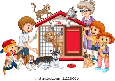 Big family members with many dogs illustration