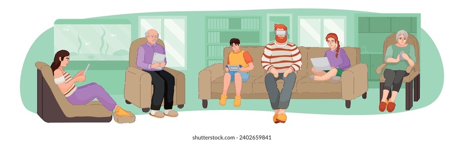 Big family with modern devices sitting at home