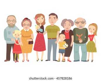 Gran familia, mamá, papá, hijos, abuelos. Ilustración del vector