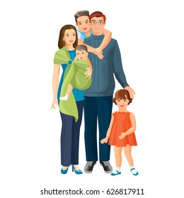 Big family of mother, father in glasses, baby boy, toddler girl and teenager son. Vector illustration of parents with children