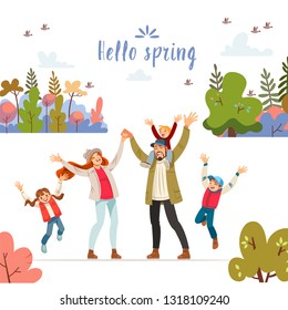 Big family in nature. Hello spring. Modern flat concept for web design. Vector illustration can use for landing page, template, web, mobile app, poster, banner, postcard