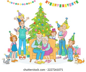 Big family near the Christmas tree with gifts. Grandparents are sitting on the sofa, mom, dad, five children of different ages and pets are around them. In cartoon style. Isolated on white background