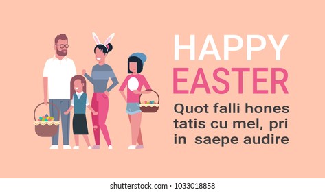 Big Family On Happy Easter Poster With Copy Space Parents And Children Celebrating Spring Holiday Wear Bunny Ears Flat Vector Illustration