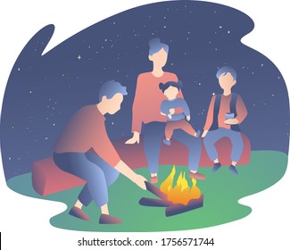 Big Family On The Nature Around The Bonfire. Mom, Dad And Children Are Sitting On A Log Under The Starry Sky.