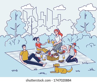 Big family on picnic. Parents, kids and dog relaxing together outdoors in nature. Mother, father, son and daughter on weekend recreation. Relationship and lifestyle. Linear vector illustration