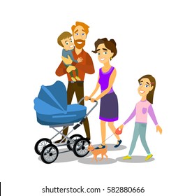 Big family on the walk. Mother with baby in a pram, Dad keeps daughter in her arms and son riding on a bicycle. Vector illustration in a flat style
