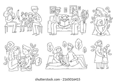 Big family outline set. There is a happy family in it. Hand drawn minimal style flat vector design illustrations.. Family at home spending time together, hugs, relax, love.