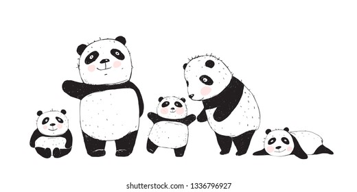 Big Family of Pandas Parents and Kids. Cute Panda Bears family, mother father and kids isolated.