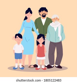 big family, parents, grandfather and children vector illustration design