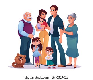 Big family parents, grandparents and children isolated on white. Vector cartoon mother and father, grandmother and grandfather, infant daughter and son. Kids and pet dog, happy relatives portrait