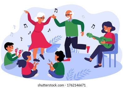 Big family party. Old couple dancing to music, children, kid flat vector illustration. Retirement, anniversary, celebration concept for banner, website design or landing web page
