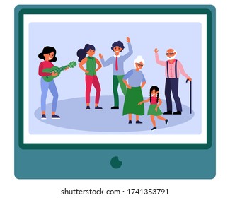 Big family party. Parents, grandparents and kid dancing to music flat vector illustration. Togetherness, unity, celebration concept for banner, website design or landing web page