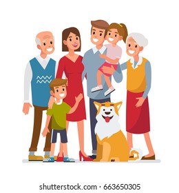 
Big Family Portrait  With Children, Parents, Grandparents And Pet. Flat Style Vector Illustration Isolated On White Background.