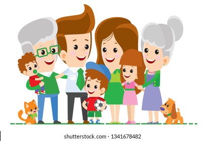 Big family portrait. Father, mother, grandfather,grandmother, childrent. Little boy, teenager girl, woman, man, old man, senior woman, cat, dog. Vector illustration.