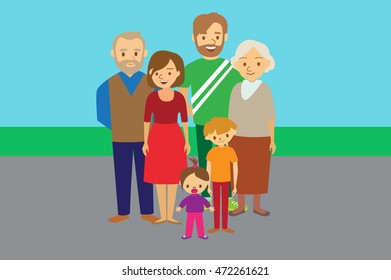 Big family portrait. Flat vector stock illustration