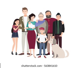 Big family portrait. Happy people with relatives. Colorful flat illustration.