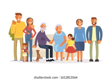 Big family portrait. Including kids, parents and grandparents. Cartoon characters isolated on white background. Flat Art Vector Illustration