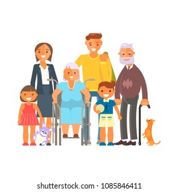 Big family portrait isolated on white background. Cartoon character group of people standing. Vector illustration eps 10