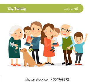 Big family portrait. Mom and Dad, grandparents, children, and a dog