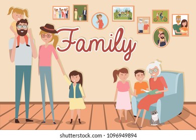 Big Family portrait with mother, father, kids and grandmother. Editable vector illustration