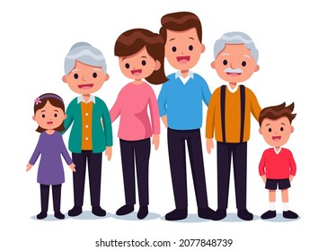 Gran retrato familiar de tres generaciones, como abuelo, abuela, padre, madre e hijos de diferentes edades juntos. de pie sobre fondo blanco, caricatura, ilustración vectorial