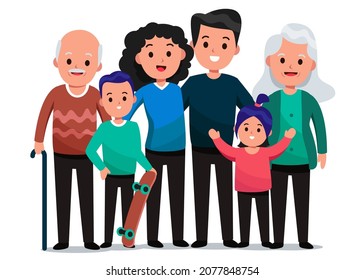 Big family portrait with three generation such as grandfather, grandmother, father, mother, and children of different age together. standing on white background, cartoon character, vector illustration