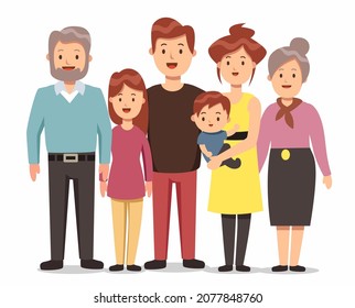 Big family portrait with three generation such as grandfather, grandmother, father, mother, and children of different age together. standing on white background, cartoon character, vector illustration