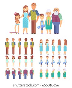 Big family portrait vector set for design work and animation. Front, side, back view characters - mom,dad,children and grandparents. Cartoon flat vector illustration.