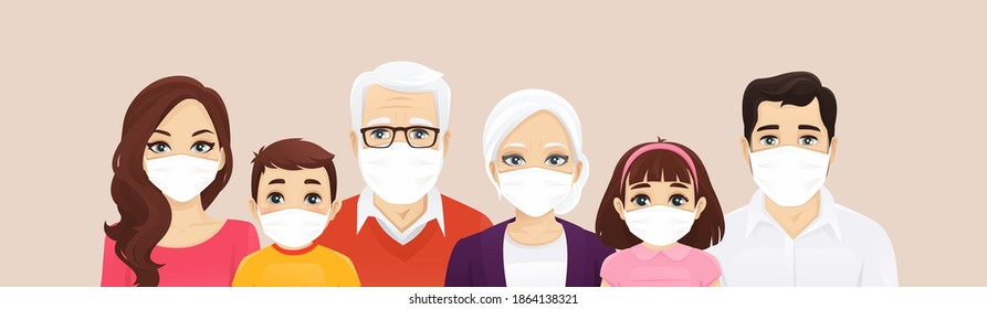 Big family portrait wearing protective medical masks. Father, mother, children and grandparents protect themselves against infectious diseases, virus and air pollution. Vector illustration isolated.