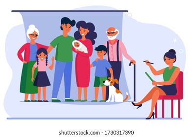 Big family posing for artist in studio. Children, baby, parents, grandparents flat vector illustration. Togetherness, leisure, occupation concept for banner, website design or landing web page