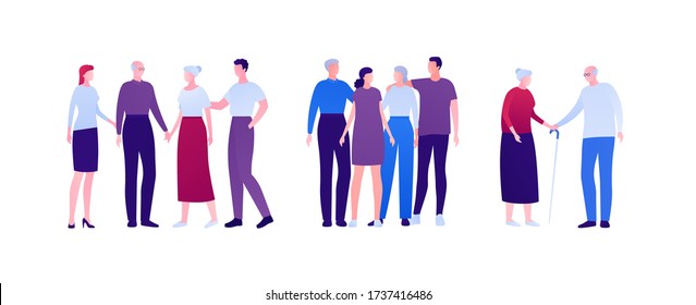 Gran relación familiar y concepto de apoyo. Ilustración vectorial de persona plana. El grupo de hombres y mujeres se abraza y coge de la mano. Adultos y ancianos. Elemento de diseño para banner, infografía, web.