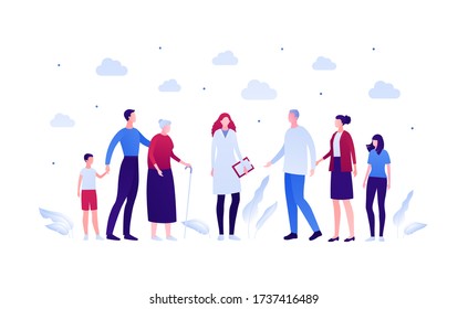 Big Family Relationship And Support Concept. Vector Flat Person Illustration. Young, Adult, Senior Men And Women Character Talking With Female Doctor. Design Element For Banner, Infographic.