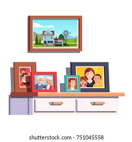 Big family relatives portrait photos frames standing on chest of drawers table top. Family house photo hanging in picture frame. Parents and kids relationship memento. Flat vector illustration.